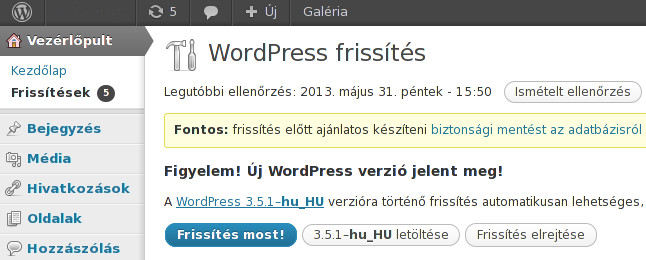 Wordpress frissítés lépéseit