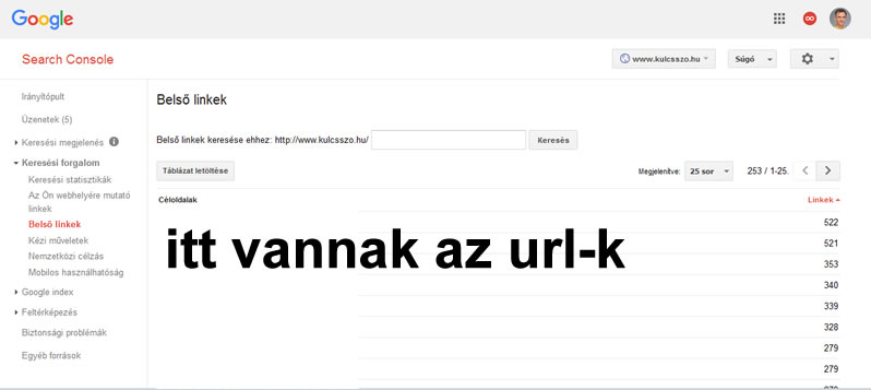belső linkek megnézése Google webmester eszközökben