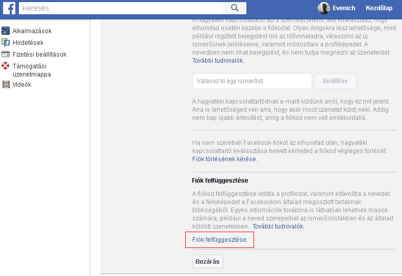 Facebook profil felfüggesztésének utolsó lépése