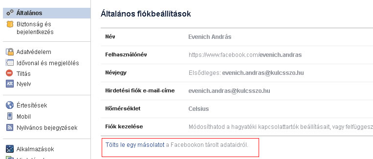 Facebook profil adatok letöltése első lépések